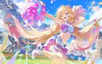  0jae 3others 4girls aqua_eyes audience balloon belt bird black_survival blonde_hair blue_sky bow bowtie cheerleader commentary_request confetti crowd day eternal_return:_black_survival hair_ornament hair_ribbon hairclip highres korean_commentary looking_at_viewer low_twintails midriff monitor multiple_girls multiple_others nicky_blake one_eye_closed open_mouth perspective pom_pom_(cheerleading) ribbon running screen shoes sky sneakers stadium thigh_belt thigh_strap track_and_field track_suit twintails two-sided_fabric 