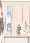  3girls black_hair blush bottle brown_skirt cellphone clothes_lift commentary_request curtains desk full-face_blush glasses holding holding_bottle holding_phone indoors juukyuu lifting_own_clothes long_hair multiple_girls necktie original phone pleated_skirt red-framed_eyewear red_necktie school_desk school_uniform semi-rimless_eyewear shirt skirt skirt_lift solid_circle_eyes under-rim_eyewear white_shirt window 