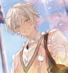  1boy absurdres bag blurry blurry_background cherry_blossoms collared_shirt commentary double-parted_bangs falling_petals from_below gradient_hair hair_between_eyes hanami hand_up highres long_sleeves looking_at_viewer male_focus multicolored_hair open_collar outdoors petals pink_eyes pink_hair pink_petals pink_sweater_vest shirt short_hair shoulder_bag sidelighting smile solo sweater_vest ume_(wezu) undays untranslatable_commentary utaite v-neck virtual_youtuber white_hair white_shirt yuno_(undays) 