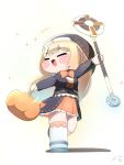  1girl black_dress black_shoes blonde_hair bow chibi chitoseblue closed_eyes commentary_request dated dress frilled_skirt frills ghost_girl gradient_hair halloween_bucket high-low_dress highres holding holding_staff lace_trim long_hair long_sleeves multicolored_hair nun_headdress orange_bow orange_skirt shoes skirt socks speaki_(trickcal) staff straight_hair trickcal white_background white_socks 