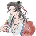  1boy all_wishes_come_true! black_hair blue_trim blush chinese_clothes closed_eyes coat collarbone commentary_request cropped_torso eating facial_hair food hair_bun hair_ornament hair_ribbon half_updo hand_up hanfu highres holding holding_food holding_popsicle implied_yaoi jewelry leaf_hair_ornament licking long_hair male_focus melting_popsicle mustache_stubble necklace open_clothes open_coat pectoral_cleavage pectorals popsicle red_coat red_ribbon ribbon robe saliva sebofbun simple_background single_hair_bun solo stubble upper_body white_background white_hanfu zhongli_quan_(all_wishes_come_true!) 