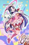  1boy 1girl :d ;d absurdres ascot black_hair blue_hair boots commentary_request con_(fate) cosplay crossdressing crossdressing_(mtf) dress earrings elbow_gloves eyeshadow fate/grand_order fate_(series) feather_hair_ornament feathers gloves hair_ornament highres illyasviel_von_einzbern jewelry kaleidostick long_hair magical_girl magical_ruby makeup male_focus multicolored_hair multiple_boys nao_oppaisukiii one_eye_closed open_mouth orange_ascot partial_commentary pink_dress pink_eyes prisma_illya prisma_illya_(cosplay) red_eyes red_eyeshadow smile solo_focus star_(symbol) status_effect taisui_xingjun_(fate) thighhighs trap white_gloves white_hair 