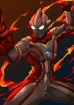  1boy absurdres alien arm_up aura brown_background clenched_hand color_timer colored_skin commentary compound_eyes cowboy_shot dorsal_fin fiery_aura fighting_stance giant giant_male glowing glowing_eyes gold_trim gradient_background grey_background hand_up highres kintsuba_(kintsuba_08) legs_apart looking_ahead male_focus mebius_brace multicolored_skin no_pupils outstretched_arm pectorals red_skin silver_skin solo tokusatsu toned toned_male two-tone_skin ultra_series ultraman_mebius ultraman_mebius_(series) white_eyes wrinkled_skin 