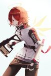  1girl absurdres arknights black_sleeves brown_pantyhose clothes_writing commentary_request cowboy_shot detached_wings exusiai_(arknights) fingerless_gloves gloves gradient_background grey_background gun hair_over_one_eye halo han_001 highres holding holding_gun holding_weapon jacket kriss_vector looking_at_viewer pantyhose parted_lips red_eyes red_hair short_hair solo standing submachine_gun traditional_halo weapon white_background white_jacket wings yellow_halo 