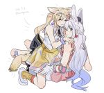  >_< 2girls animal_ears bang_dream! bang_dream!_yumemita blonde_hair blush dated fox_ears fox_tail gloves gradient_hair grey_hair hand_on_another's_shoulder hand_on_another's_thigh highres kemonomimi_mode long_hair looking_back miyanaga_nonoka multicolored_hair multiple_girls nakamachi_arale purple_hair rabbit_ears simple_background sitting straddling sweat tail very_long_hair white_background white_gloves yuri yuull0716 