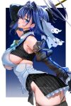  1girl arm_behind_head arm_up bad_id bad_twitter_id black_gloves black_shirt black_skirt black_thighhighs blue_bow blue_bowtie blue_eyes blue_hair bow bowtie breasts brooch chain chain_headband cropped_shirt detached_sleeves frilled_skirt frilled_sleeves frills from_side gloves grey_sleeves hair_flaps hair_intakes half-skirt halo heart heart_brooch highres hololive hololive_english jewelry juliet_sleeves large_breasts long_sleeves looking_at_viewer mechanical_halo miniskirt no_panties ouro_kronii ouro_kronii_(1st_costume) pinstripe_pattern pinstripe_shirt pinstripe_skirt puffy_sleeves sailor_collar shirt sideboob skirt solo sylphynia thighhighs veil vest virtual_youtuber white_sailor_collar white_veil white_vest 