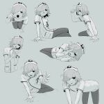  1other all_fours avogado6 bed_sheet buttons calogado calogado_(yamai) commentary_request debit_bit_(utau) finger_to_head freckles gloves greyscale hair_over_one_eye hat highres holding kneeling looking_at_viewer lying monochrome multiple_views nurse nurse_cap official_art on_bed open_mouth other_focus own_hands_together pocket reaching reaching_towards_viewer short_hair short_sleeves simple_background sitting teeth tongue_depressor utau 