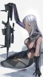  1girl absurdres anti-materiel_rifle bolt_action breast_cutouts breasts cape clothing_cutout commentary_request dark-skinned_female dark_skin douibotan elbow_gloves girls'_frontline girls'_frontline_2:_exilium gloves gun hair_between_eyes hair_ornament hairband highres holding holding_gun holding_weapon large_breasts long_hair low_ponytail nemesis:_gnosis_(girls'_frontline_2) nemesis_(girls'_frontline_2) on_floor ponytail purple_eyes rifle scope side_cutout sideboob sig_san_511 sig_sauer signature sniper_rifle solo under-elbow_gloves weapon white_background white_hair 