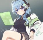  1girl ahoge artist_name black_choker black_shirt blue_eyes blue_hair breasts brown_skirt character_name choker closed_mouth commentary_request crossed_legs dated evi_leenhardt green_jacket hair_ornament happy_birthday headset highres jacket jacket_partially_removed large_breasts long_hair multicolored_jacket muv-luv muv-luv_girls_garden shirt sitting skirt smile solo thigh_strap usuba_kagerou_(shougyouchu) white_jacket 
