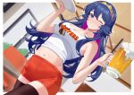  1girl absurdres alcohol alternate_costume bare_shoulders beer beer_mug blue_eyes blue_hair blush brand_of_the_exalt breasts cleavage commentary commission crop_top cup dolphin_shorts employee_uniform english_commentary fire_emblem fire_emblem_awakening food groin haerge hair_between_eyes highres holding hooters hootie_the_owl_(hooters) indoors long_hair looking_at_viewer lucina_(fire_emblem) medium_breasts mug multicolored_hair navel one_eye_closed orange_shorts print_tank_top short_shorts shorts smile solo sparkle tank_top thighhighs tiara two-tone_hair waitress zettai_ryouiki 