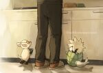  1boy animal animalization bakugou_katsuki black_pants black_shirt black_socks boku_no_hero_academia brown_socks cabinet clothed_animal commentary_request counter creature dkyoudai dog drawer dynamy_(boku_no_hero_academia) grey_slippers indoors lower_body male_focus object_request pants person_and_animalization shadow shirt slippers socks standing stove tail twitter_username 