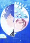 1boy 1girl absurdres black_ribbon blue_background blue_eyes blue_hair brown_eyes brown_hair circle_formation collar commentary facing_to_the_side facing_viewer gears gghost hair_between_eyes highres moon moon_phases persona persona_3 portrait profile ribbon shiomi_kotone sun viewfinder yuuki_makoto_(persona_3) 