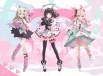  3girls absurdres angels_of_delusion aqua_streaks aria_(human)_(zenless_zone_zero) aria_(zenless_zone_zero) arm_warmers asymmetrical_bangs bag bandaid bandaid_hair_ornament black_hair blue_eyes bow colored_inner_hair commentary dress fingerless_gloves full_moon fur-trimmed_skirt fur_trim gloves green_bow green_eyes green_hair green_halo hair_bow hair_ornament hairclip halo highres leg_warmers looking_at_viewer moon multicolored_hair multicolored_leg_warmers multiple_girls multiple_hairclips nangong_yu necktie noe_(noe_1468) open_mouth pink_arm_warmers pink_bag pink_gloves pink_hair pink_leg_warmers quad_tails red_eyes red_necktie shirt skirt smile streaked_hair striped_arm_warmers striped_leg_warmers sunna_(zenless_zone_zero) thighhighs too_many_bows twintails two-tone_leg_warmers untranslatable_commentary white_dress white_shirt white_wings winged_bag wings zenless_zone_zero 