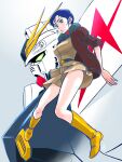  1girl absurdres aobito_sukoyaka_bystander blue_eyes blue_hair brown_jacket chan_agi char's_counterattack commentary_request earth_federation earth_federation_space_forces green_eyes gundam highres jacket mecha mecha_focus mobile_suit nu_gundam open_clothes open_jacket robot science_fiction short_hair v-fin zero_gravity 