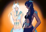  2girls abs angert_(infinity_nikki) aqua_skin bare_arms bare_shoulders black_bra black_hair black_ribbon blue_eyes blue_horns blue_scales bra chinese_commentary collarbone colored_extremities colored_skin commentary_request dark-skinned_female dark_skin dragon_girl dragon_horns dragon_tail ear_piercing embarrassed genderswap genderswap_(mtf) groin hair_over_shoulder hand_on_own_hip hand_on_own_shoulder happy highres horn_ornament horn_ribbon horns infinity_nikki jinwan_zuwan light_frown long_hair looking_at_viewer meghill_(infinity_nikki) multicolored_skin multiple_girls multiple_piercings nikki_(series) panties parksolian_(infinity_nikki) partially_undressed piercing pointy_ears ribbon skirt sports_bra stomach tail two-tone_skin underwear very_long_hair vignetting wavy_hair white_bra white_hair white_panties white_skirt yellow_background 