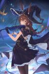  1girl absurdres ambience_synesthesia amiya_(arknights) amiya_(medic)_(arknights) amiya_(medic)_(solo_around_the_world)_(arknights) animal_ears arknights black_cape black_dress black_gloves blue_eyes blush braid braided_ponytail brown_hair cape chenmu_sora commentary dress ears_through_headwear extra_ears frilled_dress frilled_hat frills from_side gloves hair_between_eyes hands_up hat highres holding holding_instrument holding_violin infection_monitor_(arknights) instrument jewelry light_frown long_hair looking_at_viewer looking_back multiple_rings night official_alternate_costume pantyhose playing_instrument playing_violin rabbit_ears rabbit_girl ring sky sleeveless sleeveless_dress solo star_(sky) starry_sky thumb_ring untranslatable_commentary very_long_hair violin witch_hat 