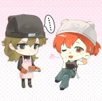  ... 1boy 1girl apron aragaki_shinjirou arm_behind_head bare_shoulders beanie black_shoes black_tank_top blue_pants brown_eyes brown_gloves brown_hair cake chibi commentary crossed_legs food frown full_body gloves gradient_background grey_eyes hair_between_eyes hair_ornament hairclip hand_on_own_face hand_up hard_hat hat heart helmet highres holding holding_food holding_wrench looking_at_viewer medium_hair multicolored_gloves open_mouth oven_mitts pants parted_bangs persona persona_3 persona_3_portable pink_apron pink_ribbon polka_dot polka_dot_background ribbon ribbon-trimmed_apron ribbon_trim shiomi_kotone shiomi_kotone_you_liang_zhi_yan_jing shoes short_hair simple_background sitting sleeveless sweatdrop sweater tank_top turtleneck turtleneck_sweater wrench 