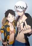  2boys abs chest_tattoo coat facial_hair goatee hand_on_own_hip hand_tattoo hat looking_at_viewer male_focus middle_finger monkey_d._luffy multiple_boys nakumonaga_uma one_piece open_clothes open_coat scar scar_on_face seed short_hair sideburns smile straw_hat sunflower_seed tattoo trafalgar_law 