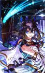  1girl animal_ears blue_eyes braid breasts brown_hair cape commentary_request creature_and_personification epiphaneia_(fate's_chosen_star)_(umamusume) epiphaneia_(racehorse) epiphaneia_(umamusume) hair_between_eyes hair_tuft highres horse_ears horse_girl horse_tail jagaimobeniko long_hair multicolored_hair open_mouth personification real_life shirt skirt smile streaked_hair tail umamusume white_cape 