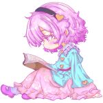  1girl absurdres black_hairband blue_shirt blush book buttons closed_mouth cococo_art collared_shirt commentary_request floral_print frilled_shirt_collar frilled_sleeves frills hair_ornament hairband heart heart_button heart_hair_ornament highres holding holding_book komeiji_satori long_sleeves open_book pink_eyes pink_hair pink_skirt print_skirt reading ribbon-trimmed_collar ribbon_trim rose_print shirt simple_background sitting skirt solo touhou white_background wide_sleeves 