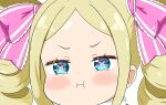  1girl :i beatrice_(re:zero) bigbang7019 blonde_hair blue_eyes blush bow close-up commentary_request drill_hair frilled_bow frills highres pink_bow re:zero_kara_hajimeru_isekai_seikatsu simple_background solo twintails white_background 