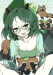  1girl absurdres animal_hug bell blush breasts commentary_request dress futatsuiwa_mamizou glasses green_background green_dress green_eyes green_hair green_hat green_theme hat hat_bell highres jingle_bell kuromaru_ira leaf_hat looking_at_viewer medium_breasts medium_hair open_mouth raccoon_girl raccoon_tail semi-rimless_eyewear sitting smile solo tail tanuki touhou under-rim_eyewear 