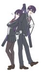  1boy 1girl :d absurdres anger_vein black_jacket black_pants black_pantyhose black_skirt blazer breasts brown_shoes character_and_genderswap collared_shirt crossed_arms dual_persona first_aid_kit full_body genderswap genderswap_(mtf) green_eyes hand_in_pocket highres jacket kenmochi_touko kenmochi_touya kenmochi_touya_(1st_costume) leaning_on_person loafers long_hair long_sleeves medium_breasts moji_(moji_dori) necktie nijisanji omamori open_clothes open_jacket open_mouth pants pantyhose pleated_skirt pouch puff_of_air purple_hair red_necktie school_uniform shirt shoes short_hair simple_background skirt smile sweater v-shaped_eyebrows virtual_youtuber weapon_bag white_background white_shirt 