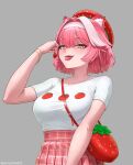  1girl animal_ear_fluff animal_ears artist_name bag bracelet breasts collarbone commentary english_commentary fangs food fruit grey_background hairband handbag hat highres holding holding_food holding_fruit hololive hololive_english jewelry medium_hair nihto open_mouth pink_hair raora_panthera shirt short_sleeves simple_background solo standing strawberry strawberry_bag strawberry_hat tongue tongue_out virtual_youtuber white_hairband white_shirt 