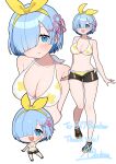  1girl absurdres arms_behind_back bare_shoulders bikini black_shoes blue_eyes blue_hair blush bow bow_hairband breasts chibi cleavage commission commissioner_name commissioner_upload english_text floral_print floral_print_bikini full_body hair_ornament hair_over_eyes hair_over_one_eye hair_ribbon hairband halterneck highres looking_at_viewer machimo medium_breasts multicolored_bikini multiple_views non-web_source open_mouth pink_ribbon print_bikini re:zero_kara_hajimeru_isekai_seikatsu rem_(re:zero) ribbon shoes short_hair side-tie_bikini_bottom signature skeb_commission smile sneakers swimsuit teeth thank_you upper_teeth_only waving white_bikini x_hair_ornament yellow_bikini yellow_bow yellow_hairband 