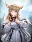  1girl absurdres arknights arknights:_endfield armi_2325 bare_shoulders black_gloves blonde_hair blue_eyes clothes_writing collared_shirt commentary contrast_collar day diamond-shaped_pupils diamond_(shape) endfield_industries_logo gloves grin highres jacket long_hair looking_at_viewer meme off_shoulder outdoors own_hands_together palms_together paypal_me_$30000_(meme) perlica_(arknights) pleated_skirt shirt skirt sleeveless sleeveless_shirt smile solo symbol-shaped_pupils white_jacket white_shirt white_skirt yellow_gloves yellow_pupils 