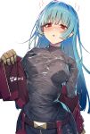  1girl belt black_shirt blue_hair blunt_bangs breasts commentary_request covered_nipples garter_straps gloves gold_gloves highres jacket jacket_partially_removed kula_diamond long_hair long_sleeves meth_(emethmeth) open_mouth red_eyes red_jacket shirt solo sweat sweatdrop the_king_of_fighters wet wet_clothes wet_shirt white_background 