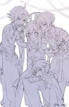  1girl 3boys ahoge akasaki_aimu armor bare_shoulders bead_necklace beads blunt_ends blush bow breasts bridal_gauntlets chair closed_mouth covered_collarbone crossed_bangs detached_sleeves dress eyelashes facial_mark feathers flower forehead_mark gem genshin_impact greyscale hair_between_eyes hair_flower hair_ornament hakama hakama_shorts half-closed_eyes halterneck hands_up hetero highres holding_hands japanese_armor japanese_clothes jewelry juban kaedehara_kazuha kimono kiss kissing_hand kote lap_pillow long_sleeves looking_at_another looking_at_viewer lumine_(genshin_impact) male_harem mandarin_collar medium_dress monochrome multiple_boys neck_tassel necklace open_clothes open_kimono pants parted_lips pelvic_curtain pleated_shorts pom_pom_(clothes) scaramouche_(genshin_impact) scarf shirt short_hair short_hair_with_long_locks shorts shoulder_peek side_cape sidelocks single_bare_shoulder single_sleeve single_sode sitting small_breasts smile smirk sweatdrop tassel tsurime twitter_username vambraces vision_(genshin_impact) wanderer_(genshin_impact) wavy_mouth wide_sleeves wispy_bangs wolf_cut xiao_(genshin_impact) 