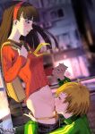  2girls amagi_yukiko anal_fingering cardigan commentary cunnilingus english_commentary fingering green_jacket hairband highres holding_hands interlocked_fingers jacket long_hair multiple_girls oral panties panties_around_thighs panty_pull persona persona_4 public_indecency pussy r-e-l-o-a-d red_cardigan red_hairband satonaka_chie school_uniform short_hair track_jacket uncensored underwear yasogami_school_uniform yellow_panties yuri 