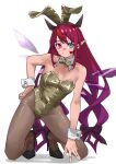  1girl animal_ear_hairband animal_ears asymmetrical_wings bare_shoulders black_horns black_shoes blue_eyes bow bowtie breasts brown_pantyhose commentary crystal_wings detached_collar fake_animal_ears full_body gold_bowtie gold_leotard hairband heterochromia high_heels highleg highleg_leotard highres hololive hololive_english horns irys_(hololive) kneeling leotard long_hair long_pointy_ears looking_at_viewer medium_breasts multicolored_hair pantyhose pink_eyes playboy_bunny pointy_ears purple_hair rabbit_ear_hairband rabbit_ears red_streaks shoes simple_background solo star-shaped_pupils star_(symbol) strapless strapless_leotard streaked_hair symbol-shaped_pupils tanabe_(fueisei) traditional_bowtie very_long_hair virtual_youtuber white_background white_wrist_cuffs wings wrist_cuffs 