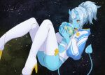  1girl absurdres blue_oni blue_skin blue_tail boots clothing_cutout colored_skin commentary_request demon_tail earth_(planet) grey_hair high_heel_boots high_heels highres horns indie_virtual_youtuber kuutuber leotard looking_at_viewer navel oni planet pointy_ears ponytail raseruta red_eyes skin-covered_horns smile solo space star-shaped_pupils star_(symbol) stomach_cutout symbol-shaped_pupils tail thigh_boots thighhighs thighs turtleneck turtleneck_leotard virtual_youtuber white_leotard white_thighhighs 