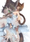  1girl animal_ears barefoot bell breasts brown_hair cat_ears cat_girl cat_tail dress green_eyes jingle_bell leg_up looking_at_viewer medium_breasts neck_bell original reaching reaching_towards_viewer simple_background solo strapless strapless_dress tail tamada_heijun white_background zoom_layer 