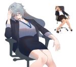  1girl black_coat black_skirt breasts bronya_zaychik bronya_zaychik_(outstanding_attitude) bronya_zaychik_(silverwing:_n-ex) chair coat commentary english_commentary ferventime grey_hair grey_sweater honkai_(series) honkai_impact_3rd large_breasts long_hair official_alternate_costume on_chair parted_lips pencil_skirt pink_hair reference_inset simple_background sitting skirt sweater swivel_chair thighs very_long_hair white_background 