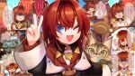  1girl :d ange_katrina ange_katrina_(1st_costume) ange_katrina_(summer_casual) ark_survival_evolved arm_up baby_bottle banken_(inui_toko) bed bee_(minecraft) black_coat blue_eyes bottle box brown_cat cardigan cat character_doll character_request coat commentary_request crossed_bangs dated doll english_commentary gift gift_box hair_between_eyes hair_intakes happy_birthday hatching_(texture) highres holding holding_pacifier holding_rattle indoors linear_hatching long_sleeves looking_at_viewer medium_hair minecraft mixed-language_commentary multicolored_eyes multiple_views nijisanji off_shoulder one_eye_closed open_mouth orange_outline outline pacifier purple_eyes rattle red_cardigan red_hair sebastian_piyodore smile string_of_flags teeth translation_request two-tone_eyes umigaya_aimi upper_body upper_teeth_only v variant_set virtual_youtuber 