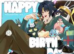  2boys 4girls animal_ears aqua_jacket bangboo_(zenless_zone_zero) belle_(zenless_zone_zero) birthday_cake black_cat black_choker black_hair black_necktie blue_hair blue_horns blue_oni blue_skin blunt_bangs box brown_pants cake cat chibi choker collared_shirt colored_skin commentary_request crossed_legs eous_(zenless_zone_zero) food fork fox_ears fox_girl gift gift_box green_eyes grey_hair hair_between_horns happy_birthday headband highres holding holding_fork horns hoshimi_miyabi ichi_sa5 jacket looking_at_viewer multicolored_horns multiple_boys multiple_girls necktie official_alternate_costume oni open_clothes open_jacket open_mouth pants pink_hair red_eyes shirt soukaku_(zenless_zone_zero) tsukishiro_yanagi two-tone_horns white_shirt wise_(zenless_zone_zero) yellow_eyes yellow_headband zenless_zone_zero 