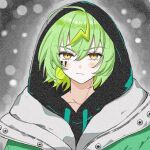  1boy angry black_shirt blonde_hair commentary_request facial_tattoo green_hair green_jacket hood hood_up hooded_shirt jacket male_focus mikoshiba_kenta multicolored_hair paradox_live shirt short_hair snow tattoo two-tone_hair umiusi4865 yellow_eyes 