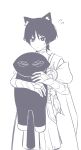  1boy animal_ear_fluff animal_ears animalization armor belt blunt_ends bridal_gauntlets cat_ears closed_mouth commentary cowboy_shot eyeliner feathers flying_sweatdrops furisode gem genshin_impact greyscale hakama hakama_shorts hands_up highres holding holding_stuffed_toy japanese_armor japanese_clothes kimono kote looking_at_object makeup male_focus mandarin_collar middle_ring monochrome person_and_animalization pingfanhh pleated_shorts pom_pom_(clothes) red_eyeliner rope scaramouche_(cat)_(genshin_impact) scaramouche_(genshin_impact) shorts side_cape spot_color stuffed_animal stuffed_toy tsurime untranslatable_commentary wanderer_(genshin_impact) white_background wispy_bangs wolf_cut 