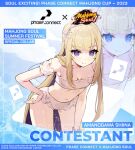  1girl 2023 amanogawa_shiina bandeau bead_bracelet beads bikini blonde_hair blue_pupils bow bracelet breasts cleavage colored_inner_hair commentary constellation copyright_logo copyright_name copyright_notice cropped_legs crossover detached_sleeves english_commentary english_text frilled_bikini frills hair_bow hand_on_own_hip jewelry leaning_forward logo long_hair long_sidelocks looking_at_viewer mahjong_soul mahjong_tile midriff multicolored_hair navel official_art phase_connect pink_bow purple_eyes purple_hair scorpius_(constellation) short_sleeves sidelocks small_breasts starry_hair swimsuit valefal_coneri very_long_hair virtual_youtuber waves white_bandeau white_bikini zoom_layer 