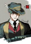  1boy black_hair commentary_request e.g.o_(project_moon) green_eyes guizhenc gun hat highres holding holding_gun holding_weapon hornet_(e.g.o) jewelry limbus_company lobotomy_corporation_(identity)_(project_moon) looking_at_viewer male_focus meursault_(project_moon) necklace necktie open_mouth project_moon shirt simple_background weapon 