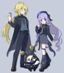  1boy 1girl ahoge bangboo_(zenless_zone_zero) black_jacket black_pants black_shirt black_shoes black_skirt black_socks blonde_hair commentary_request drill_hair drill_sidelocks hakka300 hand_in_pocket heterochromia highres holding holding_poke_ball hugo_vlad jacket long_hair looking_at_viewer mole mole_under_eye necktie official_alternate_costume open_clothes open_jacket open_mouth pants pointy_ears poke_ball pokemon purple_hair purple_necktie red_eyes shirt shoes sidelocks skirt smile socks vivian_banshee zenless_zone_zero 