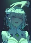  1girl 1other alternate_hair_length_(shorter) breasts commentary_request dress elf emilia_(re:zero) flower hair_flower hair_ornament highres looking_at_viewer open_mouth pointy_ears puppet_strings purple_eyes re:zero_kara_hajimeru_isekai_seikatsu re:zero_kara_kasaneru_isekai_seikatsu short_hair smile solo white_dress white_flower white_hair yucchiimi 