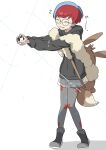  1girl absurdres backpack bag boots brown_bag closed_eyes eevee_backpack full_body glasses highres holding holding_tera_orb hood hood_down hoodie light_blush long_sleeves magu_(tfxcoufgfhbmziy) multicolored_hair outstretched_arms pantyhose penny_(pokemon) pokemon pokemon_scarlet_and_violet round_eyewear see-through_clothes see-through_skirt short_hair shorts shorts_under_skirt skirt solo standing tera_orb two-tone_hair white_background 