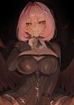  1girl absurdres black_dress black_feathers black_shrug black_wings breasts chest_belt commentary_request dress falling_feathers feathered_wings feathers finger_to_mouth gomashiwo_o hair_intakes highres medium_hair official_alternate_costume pink_hair purple_eyes remielle_dan remielle_dan_(moonlight_whispers) shrug_(clothing) shushing smile wings zenless_zone_zero 