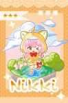  >_o 1girl absurdres animal_ear_hood animal_ears boots bow bowtie brown_eyes cat_ears character_name chibi chinese_commentary circle clenched_hand cloud commentary_request cosplay dress dress_bow fake_ahoge fake_whiskers flower frilled_sleeves frills happy highres hood hood_up hooded_dress infinity_nikki kneehighs leg_up long_sleeves loose_hair_strand momo_(nikki) momo_(nikki)_(cosplay) momo_rain_(infinity_nikki) nikki_(nikki) nikki_(series) one_eye_closed open_mouth orchid outline paint_splatter paint_splatter_on_face pink_hair polka_dot polka_dot_background puddle puffy_long_sleeves puffy_sleeves red_bow red_bowtie rubber_boots shiyu25809 short_dress short_hair_with_long_locks sidelocks single_paw_pose smile socks solo sparkle splashing star_(symbol) tareme tree wavy_hair white_flower white_outline yellow_background yellow_boots yellow_dress yellow_socks 