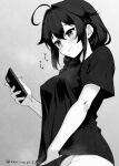  1girl adversarial_noise ahoge blush bow bow_panties braid breasts cellphone commentary_request covered_navel cowboy_shot double-parted_bangs female_masturbation fingering greyscale hair_between_eyes hair_bow hair_flaps hair_over_shoulder holding holding_phone kantai_collection long_hair looking_at_phone mae_(maesanpicture) masturbation medium_breasts monochrome motion_lines panties phone shigure_(kancolle) shigure_kai_san_(kancolle) shirt short_sleeves sidelocks simple_background single_braid smartphone smile solo standing sweat t-shirt twitter_username underwear 
