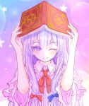  1girl blue_bow blush book bow bowtie capelet closed_mouth cococo_art commentary_request dress grimoire hair_between_eyes hair_bow highres holding holding_book lens_flare long_hair looking_at_viewer missing_headwear one_eye_closed patchouli_knowledge pink_background pink_capelet pink_dress purple_eyes purple_hair red_bow red_bowtie smile solo star_(symbol) striped_clothes striped_dress touhou vertical-striped_clothes vertical-striped_dress wide_sleeves 